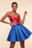 Pink and Green A-Line 2 Piece Halter Neck Satin Homecoming Dress
