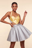 Pink and Green A-Line 2 Piece Halter Neck Satin Homecoming Dress