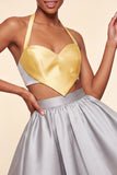 Pink and Green A-Line 2 Piece Halter Neck Satin Homecoming Dress