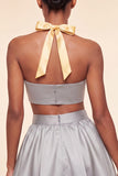 Pink and Green A-Line 2 Piece Halter Neck Satin Homecoming Dress