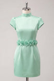 Green High Neck Bodycon Satin Cap Sleeves Homecoming Dress with 3D Flowers