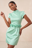 Green High Neck Bodycon Satin Cap Sleeves Homecoming Dress with 3D Flowers