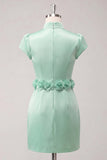 Green High Neck Bodycon Satin Cap Sleeves Homecoming Dress with 3D Flowers