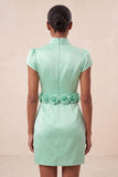 Green High Neck Bodycon Satin Cap Sleeves Homecoming Dress with 3D Flowers