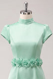 Green High Neck Bodycon Satin Cap Sleeves Homecoming Dress with 3D Flowers