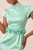 Green High Neck Bodycon Satin Cap Sleeves Homecoming Dress with 3D Flowers