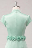 Green High Neck Bodycon Satin Cap Sleeves Homecoming Dress with 3D Flowers