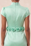 Green High Neck Bodycon Satin Cap Sleeves Homecoming Dress with 3D Flowers