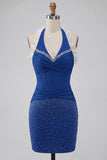 Dark Blue Halter Neck Bodycon Corset Ruffled Ruched Beaded Homecoming Dress with Lace Up Back