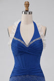 Dark Blue Halter Neck Bodycon Corset Ruffled Ruched Beaded Homecoming Dress with Lace Up Back