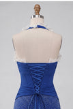 Dark Blue Halter Neck Bodycon Corset Ruffled Ruched Beaded Homecoming Dress with Lace Up Back