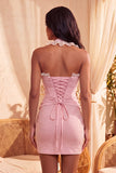 Dark Blue Halter Neck Bodycon Corset Ruffled Ruched Beaded Homecoming Dress with Lace Up Back