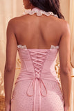 Dark Blue Halter Neck Bodycon Corset Ruffled Ruched Beaded Homecoming Dress with Lace Up Back