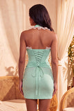 Dark Blue Halter Neck Bodycon Corset Ruffled Ruched Beaded Homecoming Dress with Lace Up Back