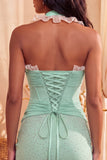 Dark Blue Halter Neck Bodycon Corset Ruffled Ruched Beaded Homecoming Dress with Lace Up Back