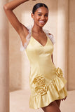 Purple Bodycon Halter Neck Satin Ruffled Homecoming Dress with 3D Flowers