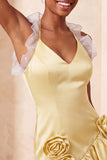 Purple Bodycon Halter Neck Satin Ruffled Homecoming Dress with 3D Flowers