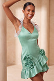Purple Bodycon Halter Neck Satin Ruffled Homecoming Dress with 3D Flowers