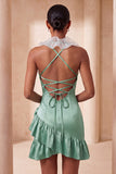 Purple Bodycon Halter Neck Satin Ruffled Homecoming Dress with 3D Flowers