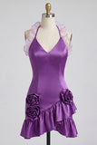 Purple Bodycon Halter Neck Satin Ruffled Homecoming Dress with 3D Flowers