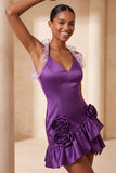 Purple Bodycon Halter Neck Satin Ruffled Homecoming Dress with 3D Flowers