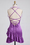 Purple Bodycon Halter Neck Satin Ruffled Homecoming Dress with 3D Flowers