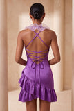 Purple Bodycon Halter Neck Satin Ruffled Homecoming Dress with 3D Flowers