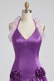 Purple Bodycon Halter Neck Satin Ruffled Homecoming Dress with 3D Flowers