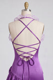 Purple Bodycon Halter Neck Satin Ruffled Homecoming Dress with 3D Flowers
