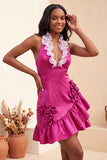 Bodycon Lake Blue Halter Neck Satin Ruffled Lace Up Back Homecoming Dress with 3D Flowers