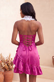 Bodycon Lake Blue Halter Neck Satin Ruffled Lace Up Back Homecoming Dress with 3D Flowers