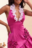 Bodycon Lake Blue Halter Neck Satin Ruffled Lace Up Back Homecoming Dress with 3D Flowers