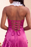 Bodycon Lake Blue Halter Neck Satin Ruffled Lace Up Back Homecoming Dress with 3D Flowers