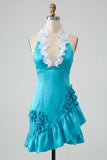 Bodycon Lake Blue Halter Neck Satin Ruffled Lace Up Back Homecoming Dress with 3D Flowers