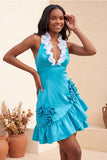 Bodycon Lake Blue Halter Neck Satin Ruffled Lace Up Back Homecoming Dress with 3D Flowers
