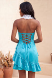 Bodycon Lake Blue Halter Neck Satin Ruffled Lace Up Back Homecoming Dress with 3D Flowers