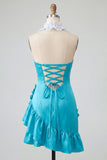 Bodycon Lake Blue Halter Neck Satin Ruffled Lace Up Back Homecoming Dress with 3D Flowers