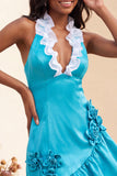 Bodycon Lake Blue Halter Neck Satin Ruffled Lace Up Back Homecoming Dress with 3D Flowers