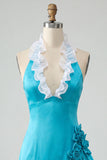 Bodycon Lake Blue Halter Neck Satin Ruffled Lace Up Back Homecoming Dress with 3D Flowers