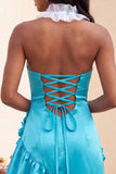 Bodycon Lake Blue Halter Neck Satin Ruffled Lace Up Back Homecoming Dress with 3D Flowers