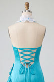 Bodycon Lake Blue Halter Neck Satin Ruffled Lace Up Back Homecoming Dress with 3D Flowers