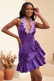 Bodycon Lake Blue Halter Neck Satin Ruffled Lace Up Back Homecoming Dress with 3D Flowers
