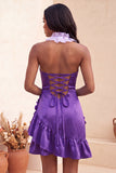 Bodycon Lake Blue Halter Neck Satin Ruffled Lace Up Back Homecoming Dress with 3D Flowers