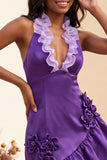 Bodycon Lake Blue Halter Neck Satin Ruffled Lace Up Back Homecoming Dress with 3D Flowers