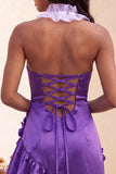 Bodycon Lake Blue Halter Neck Satin Ruffled Lace Up Back Homecoming Dress with 3D Flowers