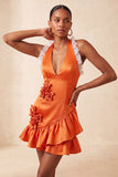 Orange Halter Neck Satin Bodycon Ruffled Lace Up Back Homecoming Dress with 3D Flowers