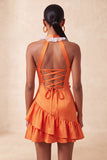 Orange Halter Neck Satin Bodycon Ruffled Lace Up Back Homecoming Dress with 3D Flowers