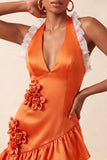 Orange Halter Neck Satin Bodycon Ruffled Lace Up Back Homecoming Dress with 3D Flowers