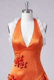 Orange Halter Neck Satin Bodycon Ruffled Lace Up Back Homecoming Dress with 3D Flowers