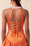 Orange Halter Neck Satin Bodycon Ruffled Lace Up Back Homecoming Dress with 3D Flowers